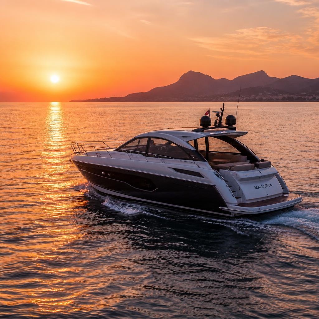 Motorboot bei Sonnenuntergang auf dem Mittelmeer vor Mallorca